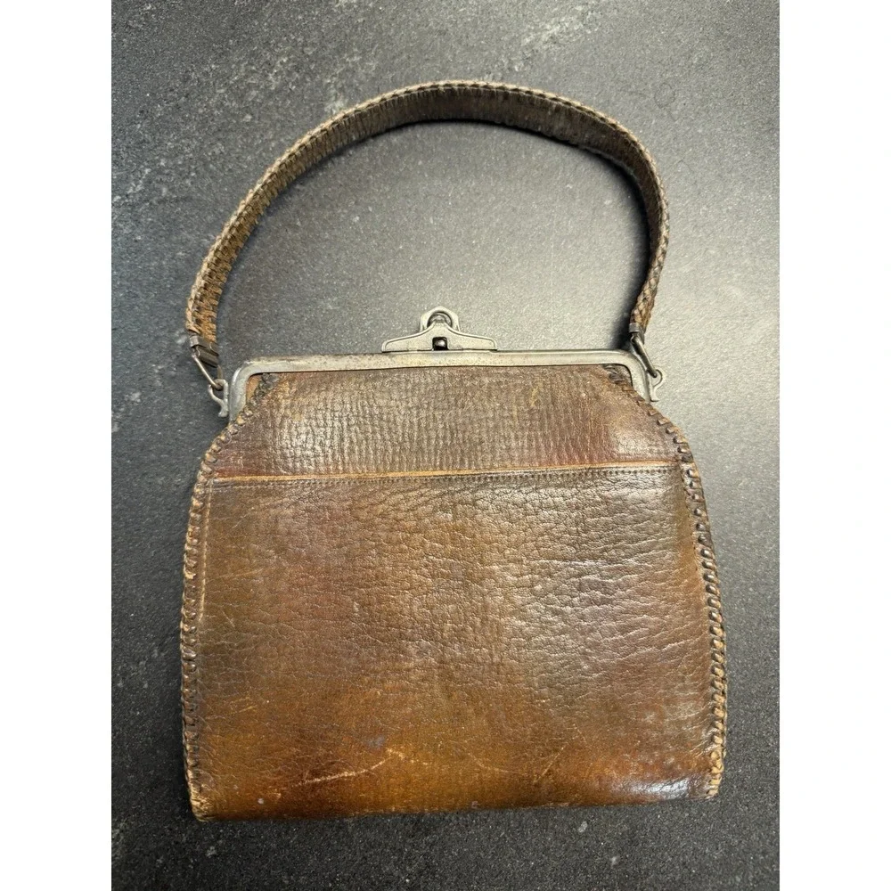Antique Bosca Built Hand Tooled Brown Leather Handbag Art Nouveau Purse 1920s
